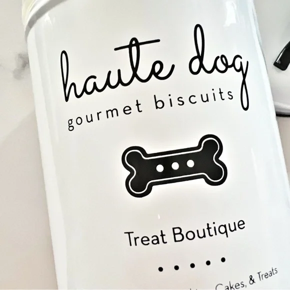 ENAMELED DOG TREAT METAL CANISTER BLACK WHITE HAUTE DOG BONE GRAPHICS IN… - Picture 5 of 12